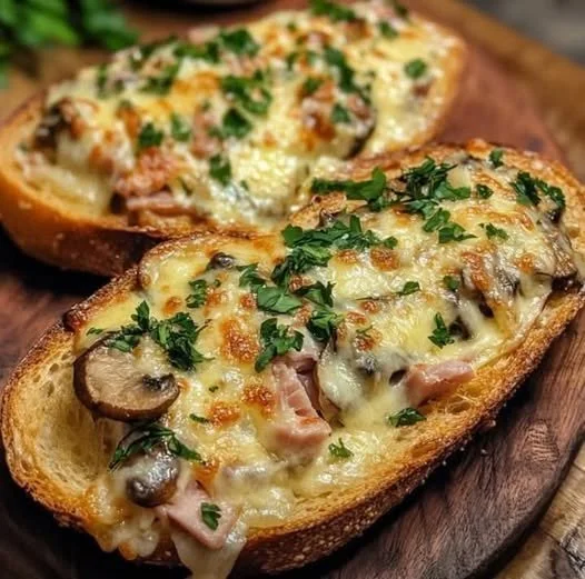 Baguette Toast with Mushrooms, Ham, and Melted Cheese Baguette toast topped with mushrooms, ham, and melted cheese, served on a plate