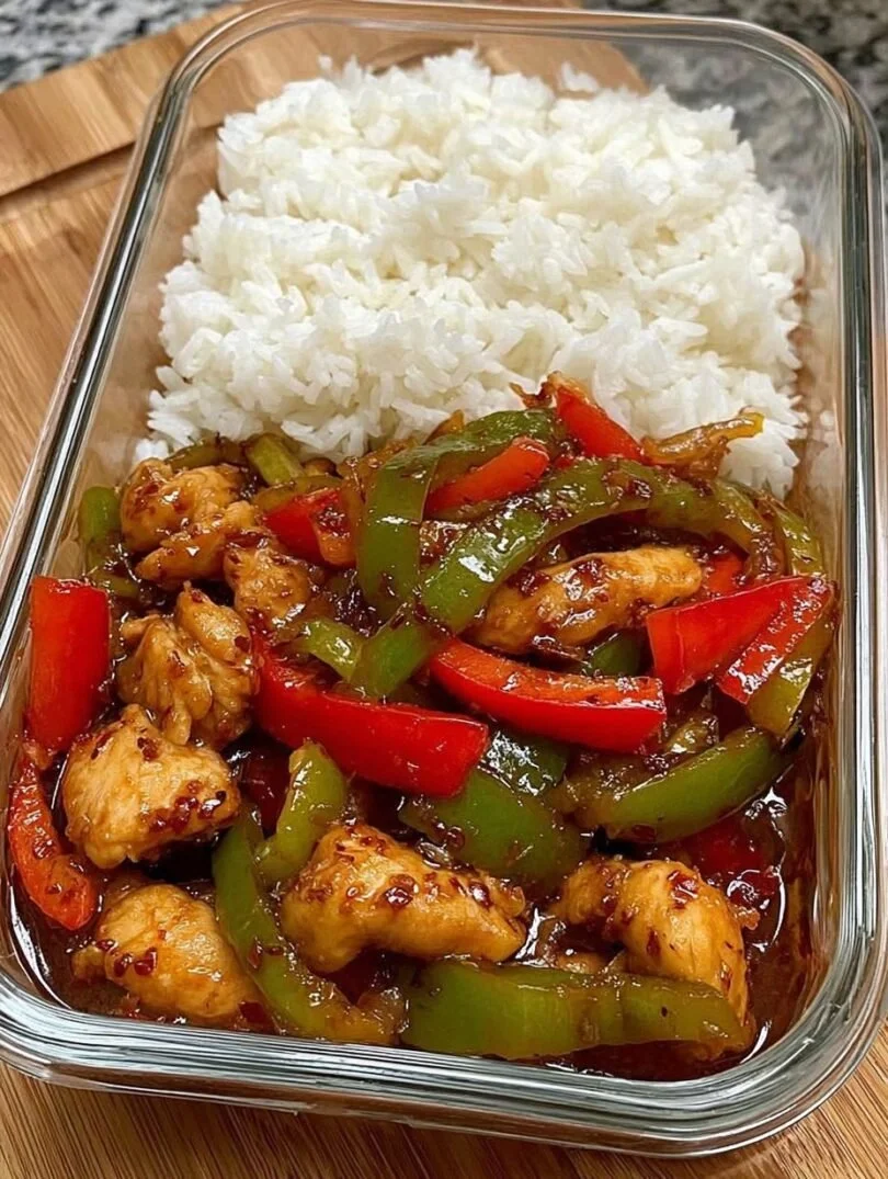 Colorful chicken stir-fry with vegetables in a bowl