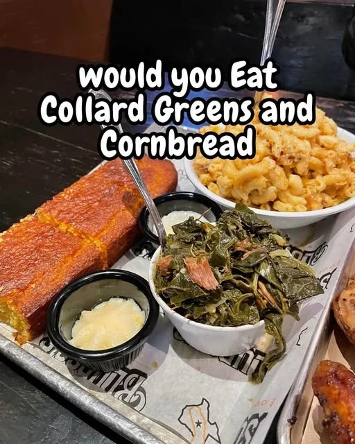 Plate of collard greens served with fresh cornbread, highlighting Southern cuisine.