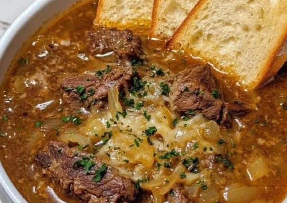 French Onion Beef Short Rib Soup Delicious French Onion Beef Short Rib Soup served in a rustic bowl