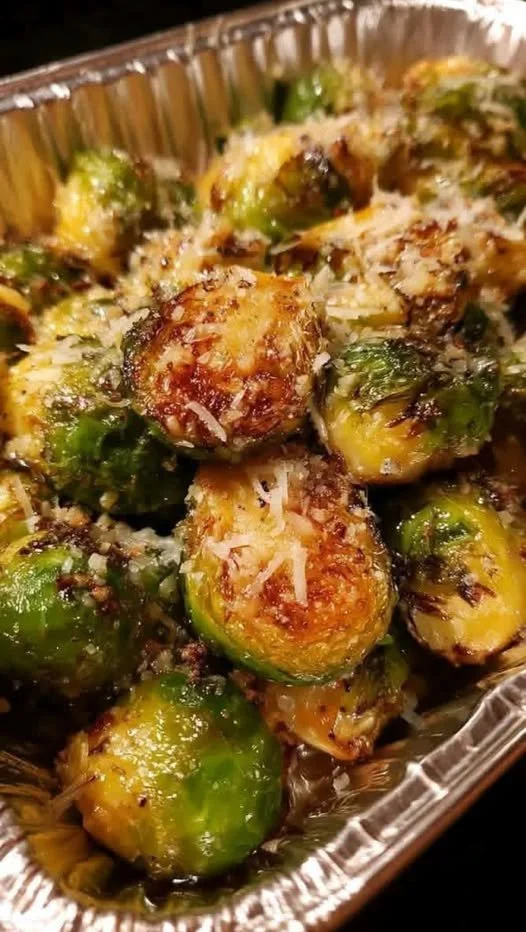 Plate of Garlic Parmesan Roasted Brussels Sprouts garnished with herbs