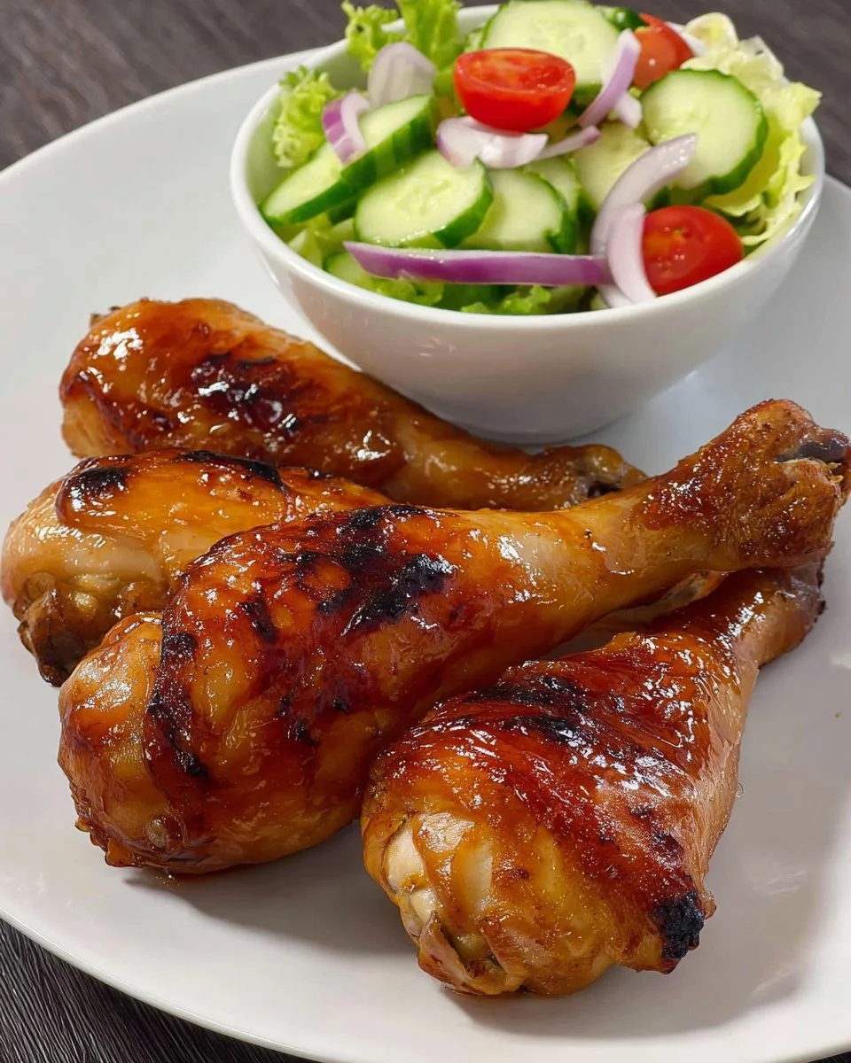Honey Garlic Baked Chicken Drumsticks with Fresh Cucumber Salad Honey garlic baked chicken drumsticks served with fresh cucumber salad
