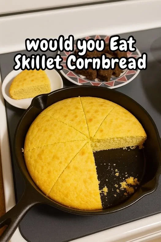 Delicious golden brown Skillet Cornbread served in a cast iron skillet.