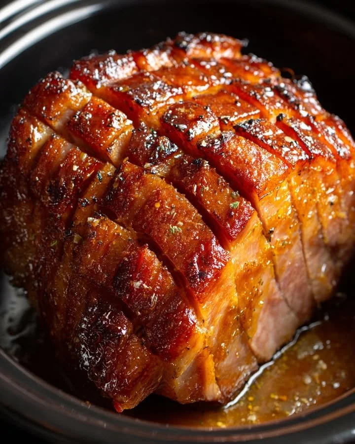 Slow Cooker Cola Ham with a Honey and Mustard Glaze Slow Cooker Cola Ham glazed with honey and mustard, served on a platter.