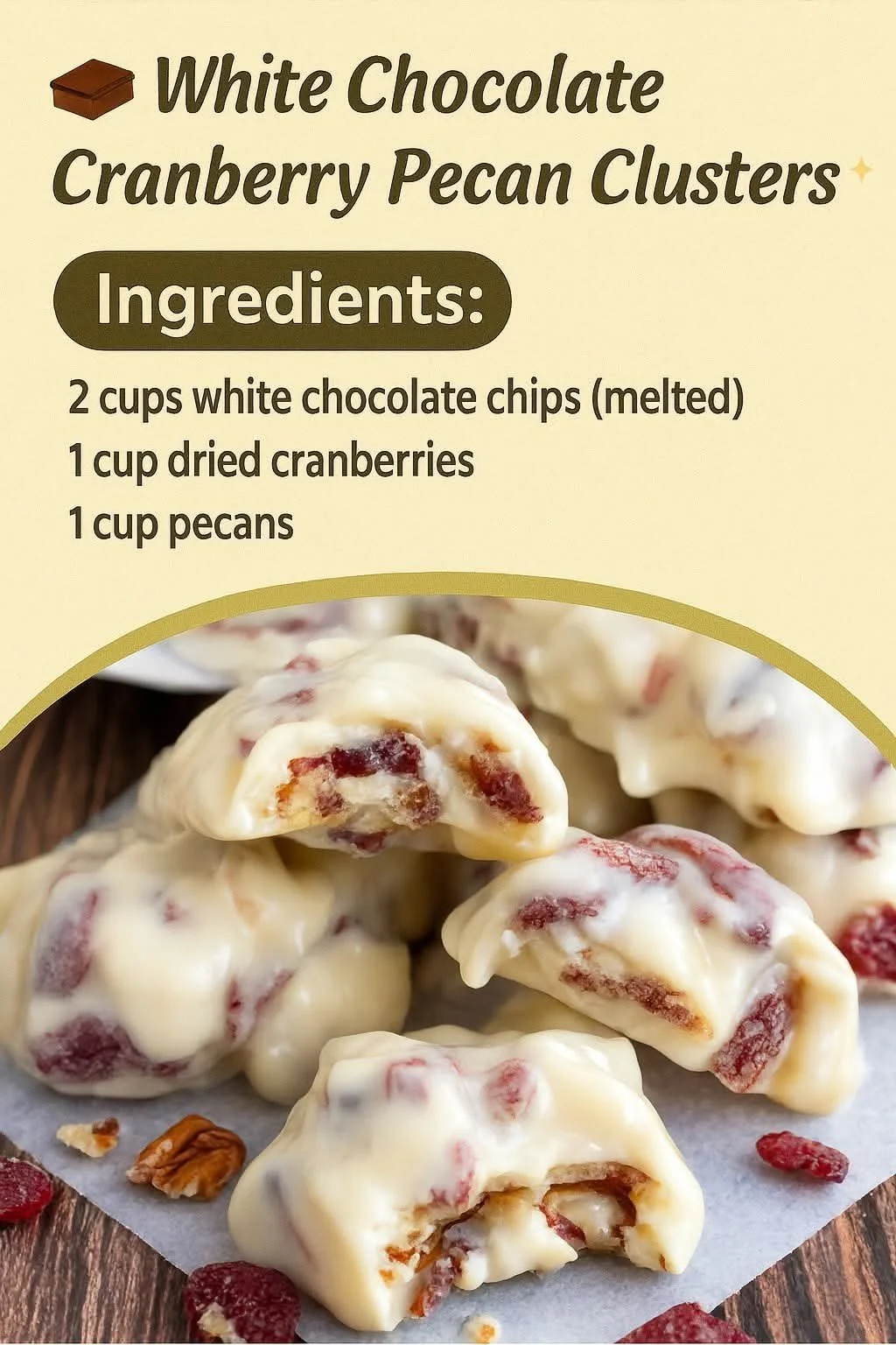 White Chocolate Cranberry Pecan Clusters White chocolate cranberry pecan clusters ready to enjoy