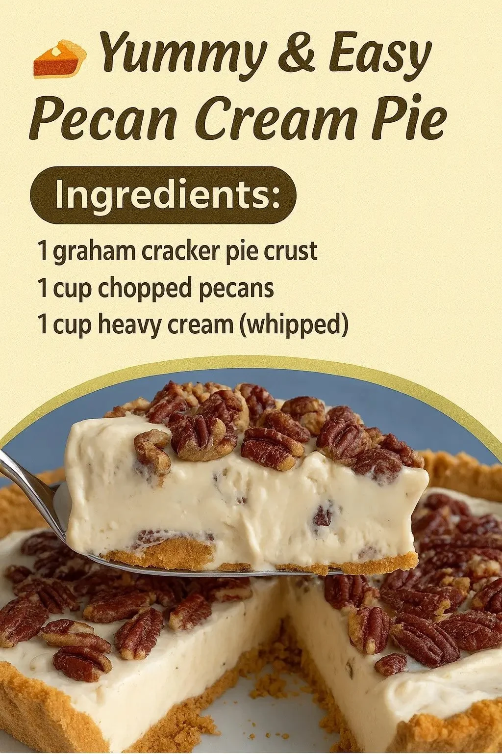 Yummy & Easy Pecan Cream Pie Recipe Delicious pecan cream pie served on a dessert plate with whipped cream