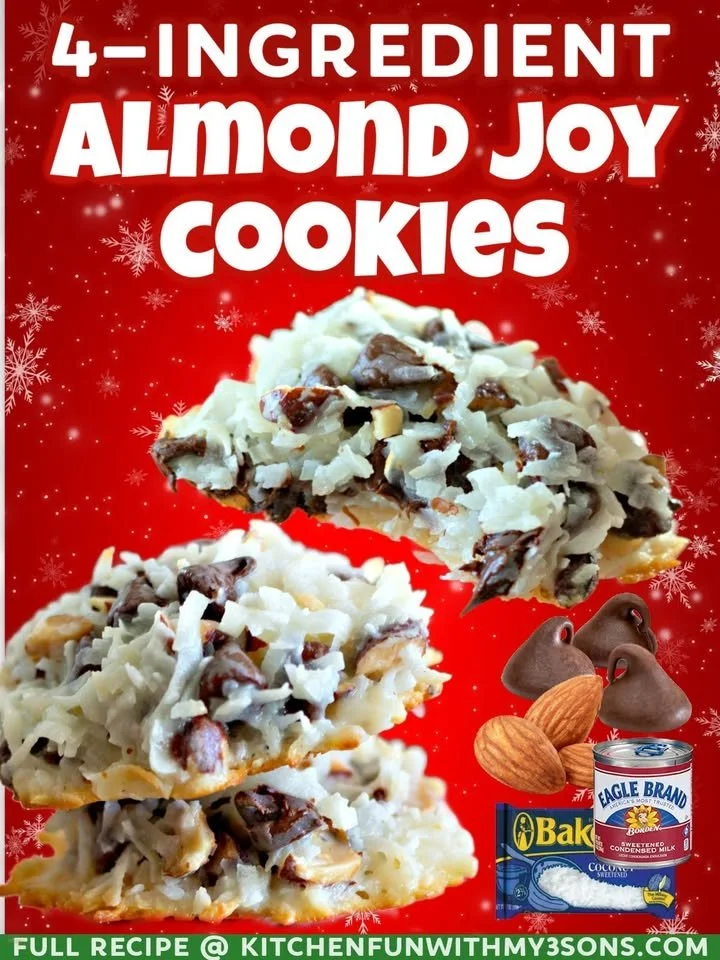 Almond Joy Cookies Delicious Almond Joy Cookies with chocolate, coconut, and almonds on a plate