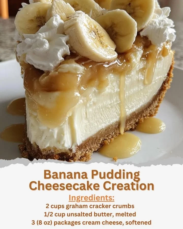 Delicious banana pudding cheesecake topped with whipped cream and bananas.