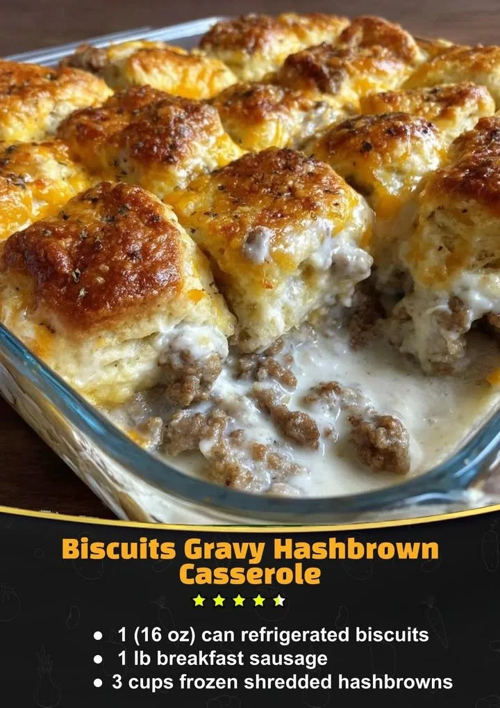 Delicious Biscuits Gravy Casserole with Hashbrowns served on a plate
