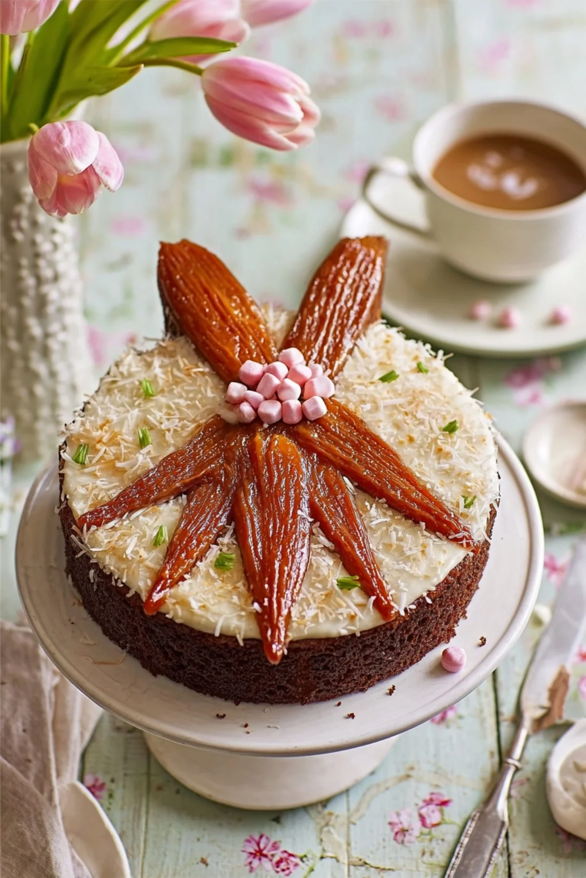 Bunny Carrot Cake A whimsical Bunny Carrot Cake decorated with carrots and bunny figurines, perfect for Easter.