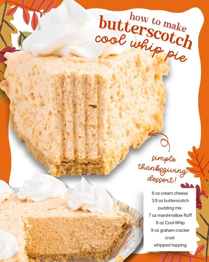 Delicious Butterscotch Cool Whip Pie topped with whipped cream and butterscotch sauce