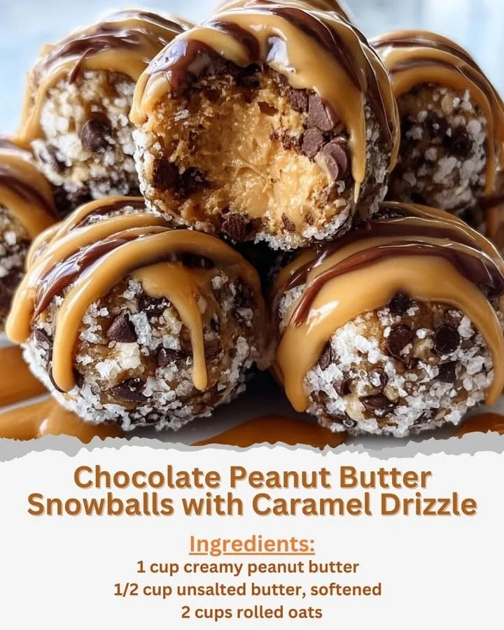 Chocolate Peanut Butter Snowballs with Caramel Drizzle Chocolate peanut butter snowballs topped with caramel drizzle