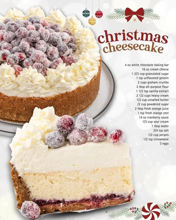 Delicious Christmas Cheesecake topped with festive decorations