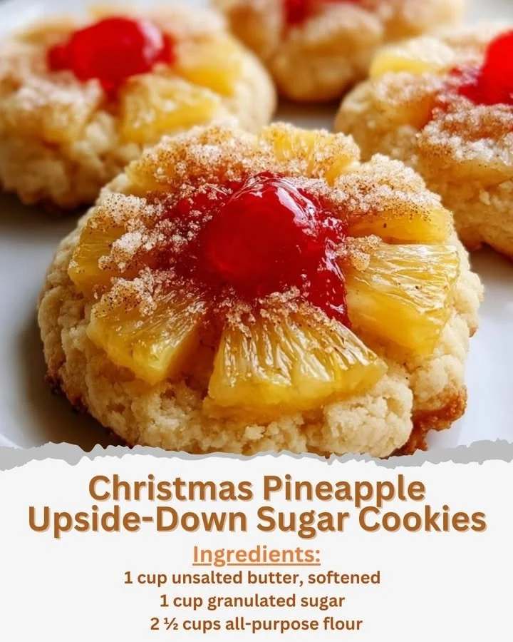Christmas Pineapple Upside-Down Sugar Cookies Delicious Christmas Pineapple Upside-Down Sugar Cookies on a festive plate.