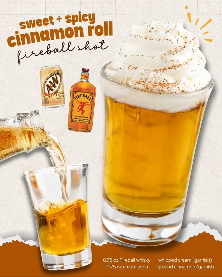 Cinnamon Roll Fireball Shot Cinnamon Roll Fireball Shot cocktail in a glass with cinnamon garnish