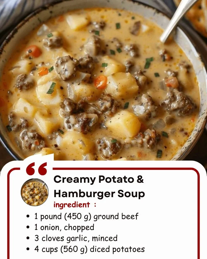 Creamy Potato & Hamburger Soup Bowl of creamy potato hamburger soup topped with herbs.