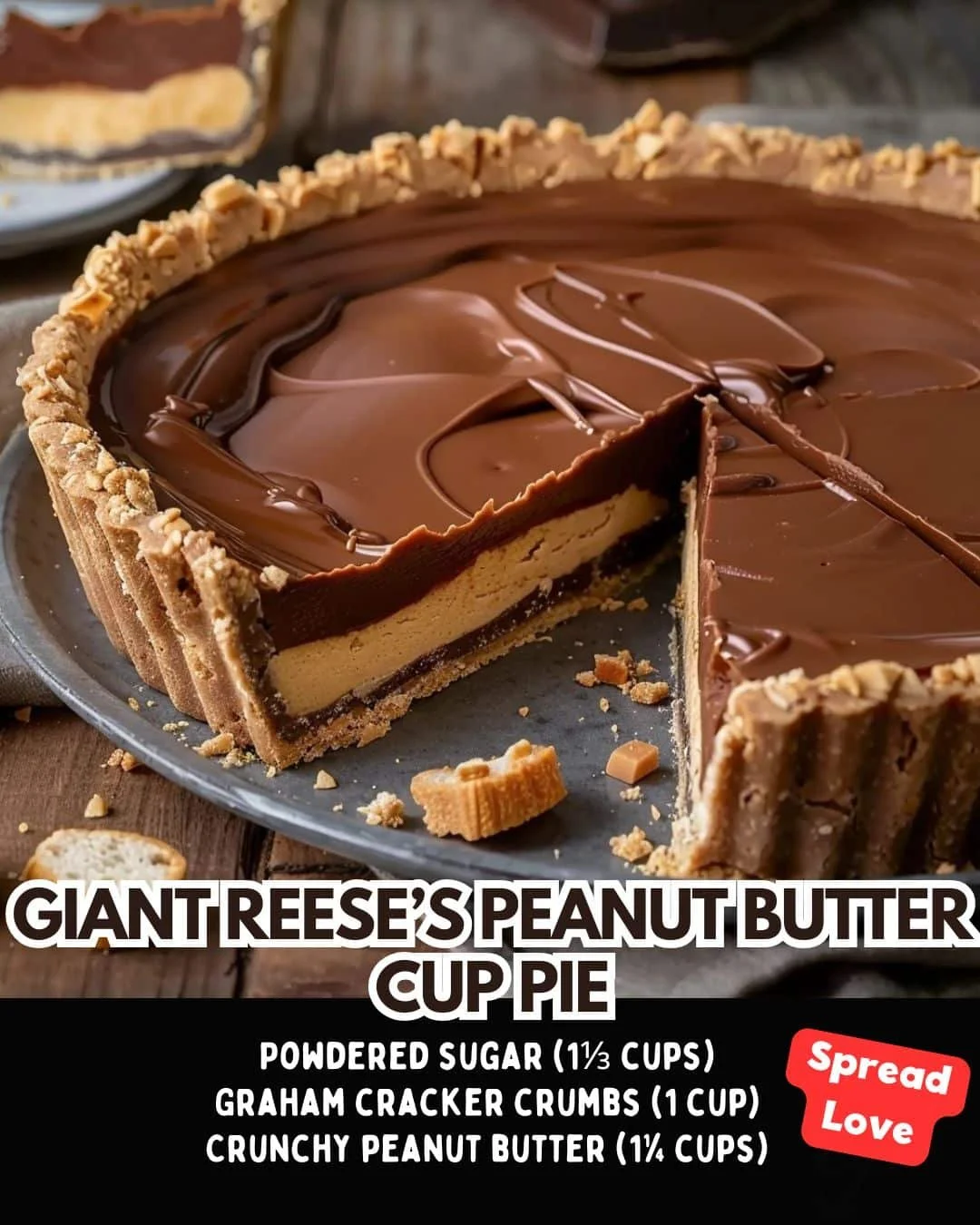 Giant Reese's Peanut Butter Cup Pie topped with chocolate and peanuts