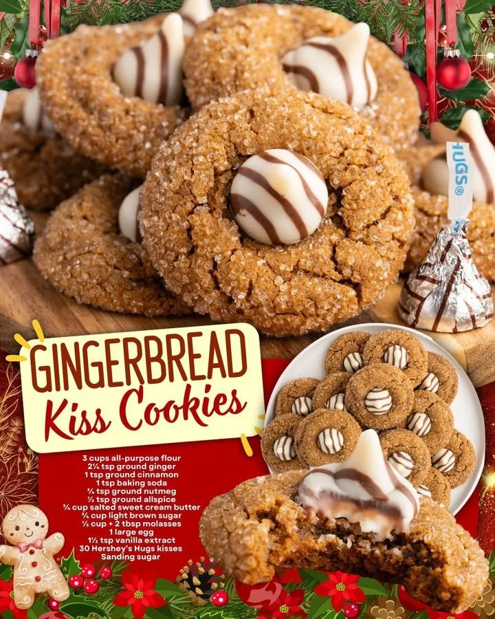 Gingerbread Kiss Cookies Delicious Gingerbread Kiss Cookies topped with chocolate kisses for a festive treat.