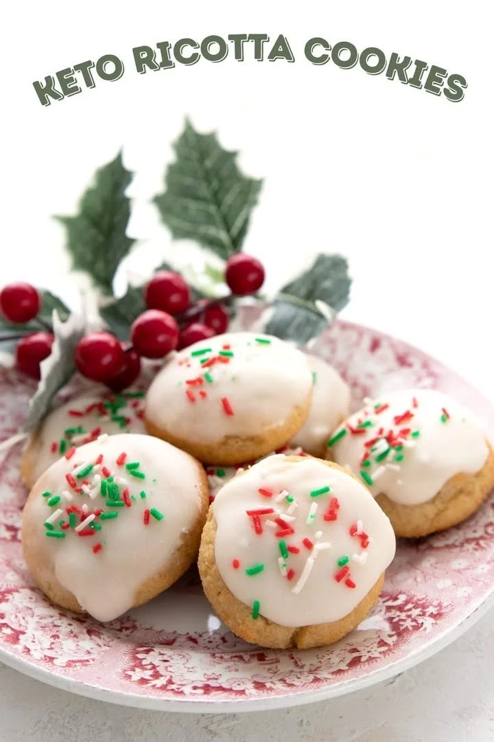 Plate of festive Keto Christmas Cookies decorated for the holidays