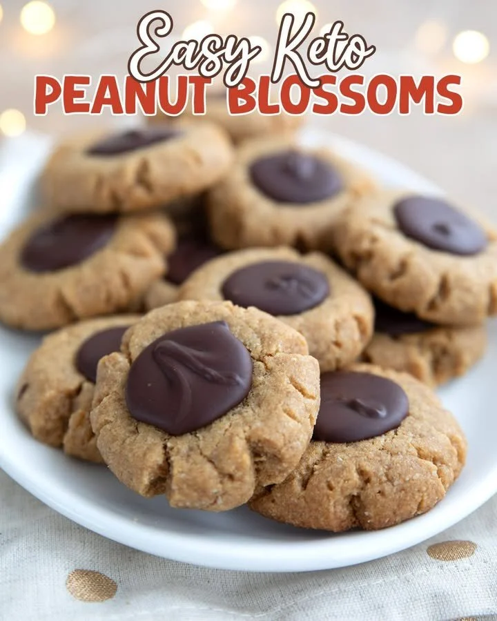 Keto Peanut Butter Blossoms with chocolate kisses on a baking tray