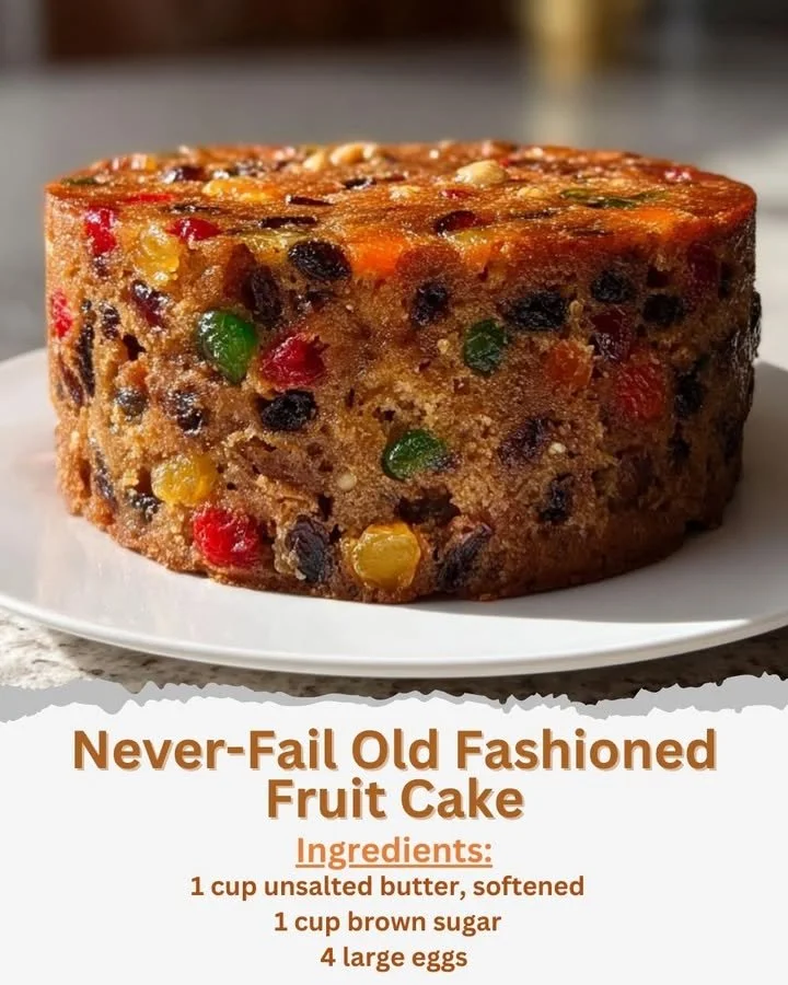 A beautifully decorated old-fashioned fruit cake with colorful fruits and nuts.