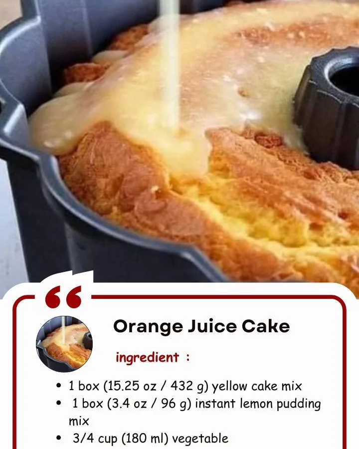 Orange Juice Cake Moist orange juice cake topped with orange glaze on a white plate