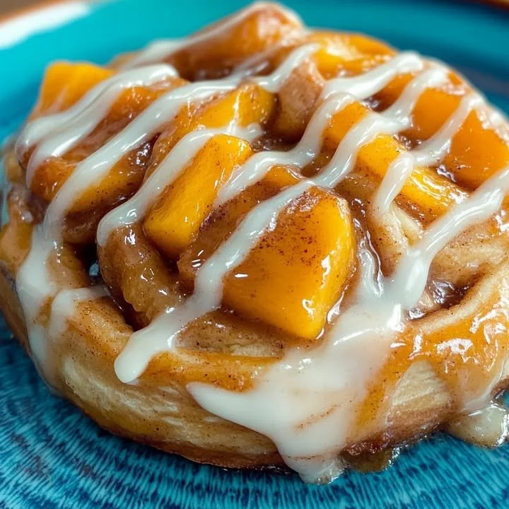 Peach Cobbler Cinnamon Rolls Delicious peach cobbler cinnamon rolls topped with icing