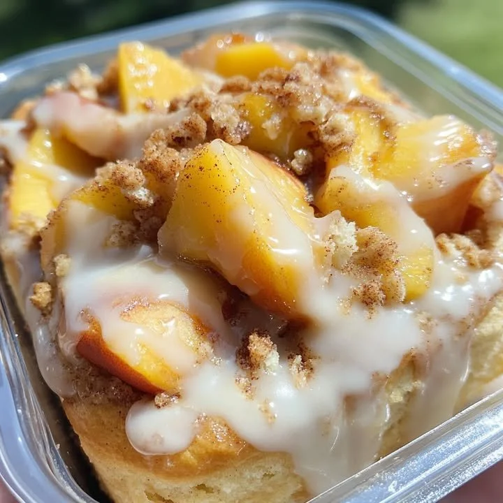 Peach Cobbler Cinnamon Rolls Peach cobbler cinnamon rolls with a golden crust and peach filling.
