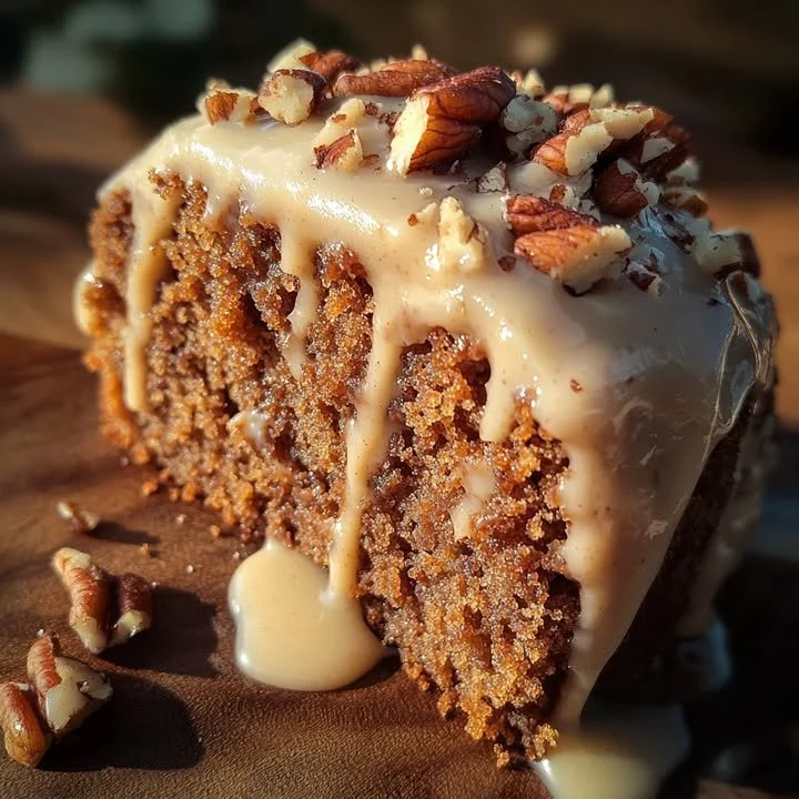 Pecan Cake with Cinnamon Cream Icing Pecan cake topped with cinnamon cream icing, showcasing a delicious dessert option.