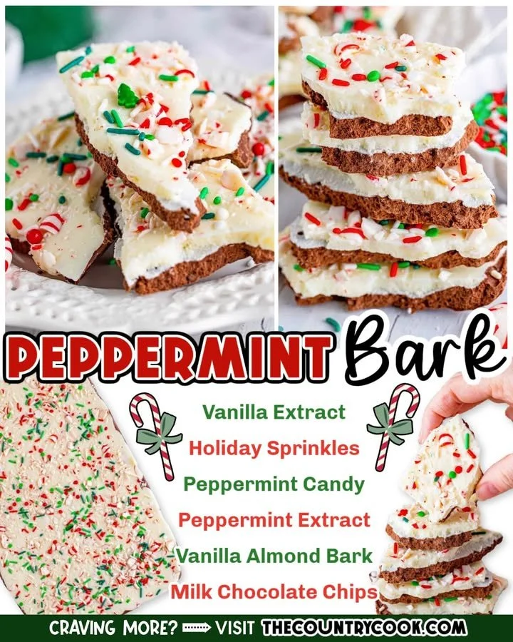 Homemade peppermint bark with dark and white chocolate topped with crushed peppermint candies.