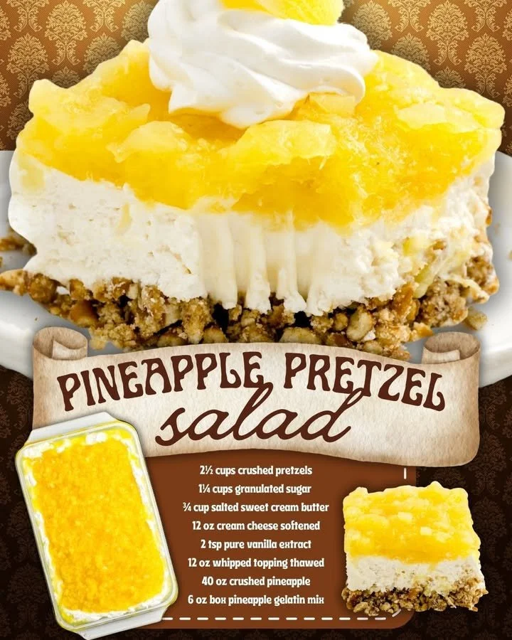 Pineapple Pretzel Salad Delicious Pineapple Pretzel Salad served in a colorful bowl with fruits