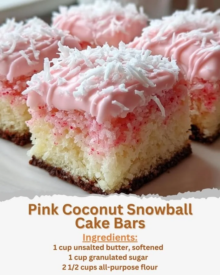 Pink Coconut Snowball Cake Bars Pink Coconut Snowball Cake Bars with coconut flakes and vibrant pink frosting