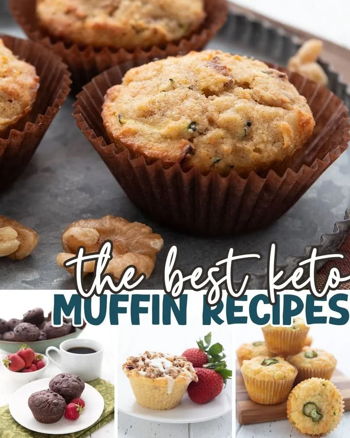 So many delicious keto muffins to choose from. What's your favorite? Assorted keto muffins in various flavors on a wooden table.