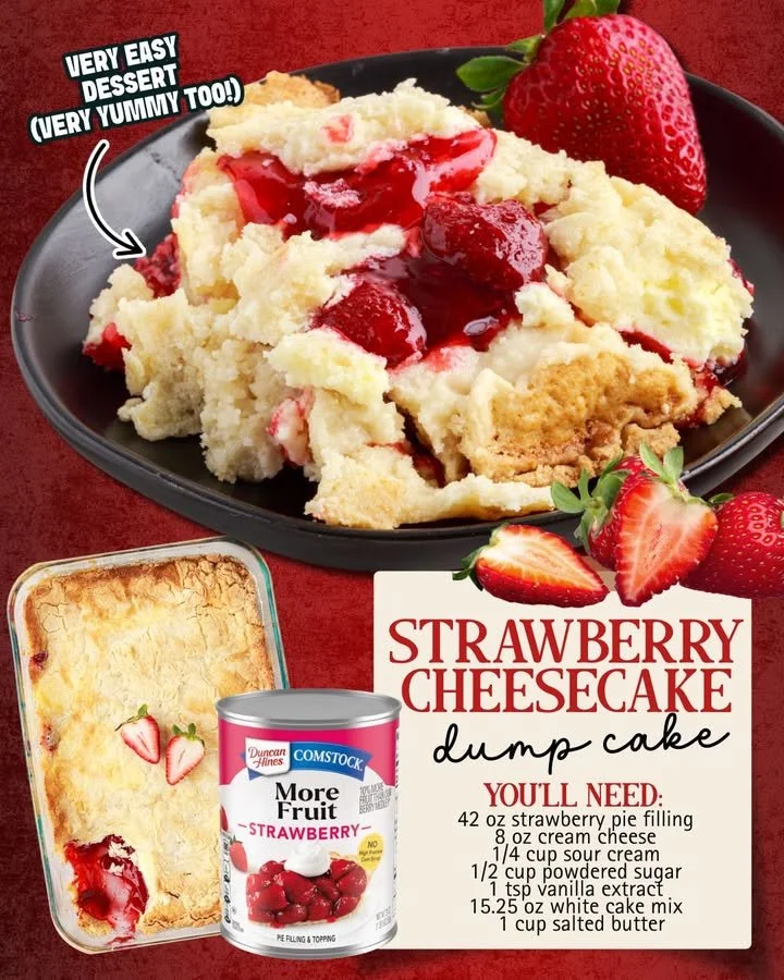 Strawberry Cheesecake Dump Cake Deliciously layered strawberry cheesecake dump cake with fresh strawberries and creamy filling.