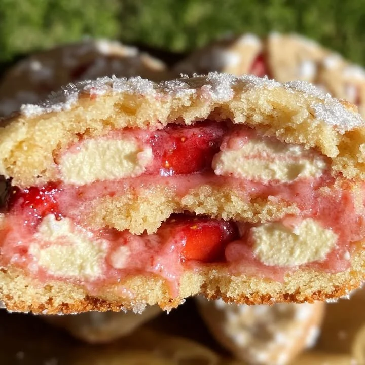 Delicious stuffed strawberry shortcake cookies ready to enjoy