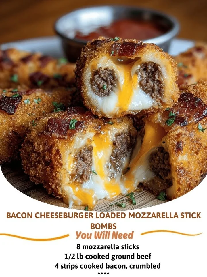 Bacon Cheeseburger Loaded Mozzarella Stick Bombs Bacon cheeseburger loaded mozzarella stick bombs ready to serve