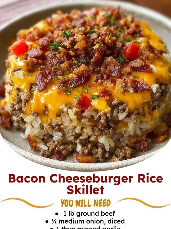 Bacon Cheeseburger Rice Skillet Delicious Bacon Cheeseburger Rice Skillet served in a bowl with toppings.