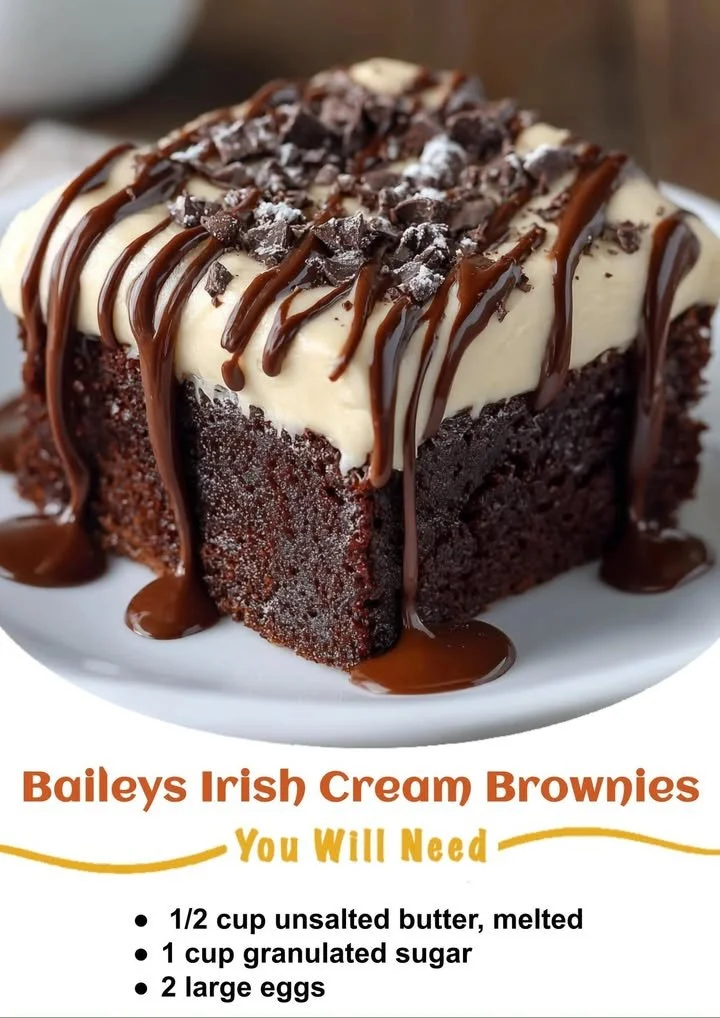 Baileys Brownies Delicious Baileys brownies topped with chocolate and creamy frosting.