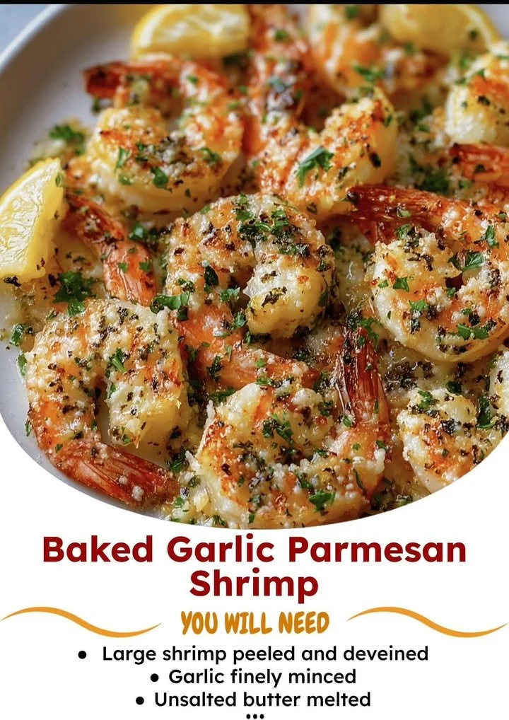 Baked garlic parmesan shrimp served on a plate with herbs