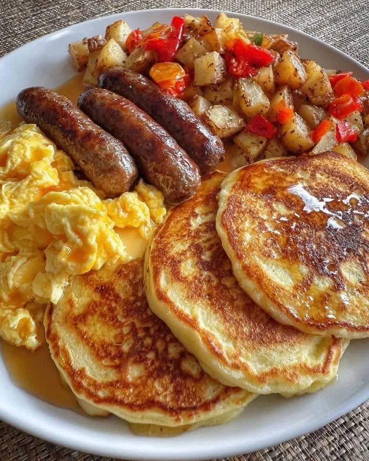 Big Breakfast Plate with Pancakes, Scrambled Eggs, Sausage & Home Fries