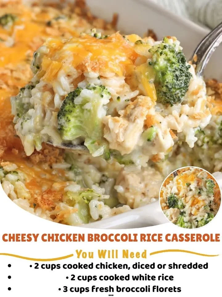 Cheesy chicken broccoli rice casserole served in a baking dish.