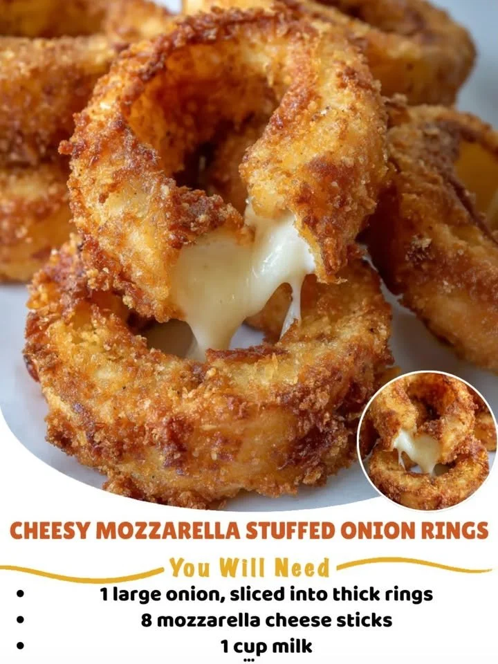 Delicious mozzarella stuffed onion rings on a plate, garnished and ready to enjoy.