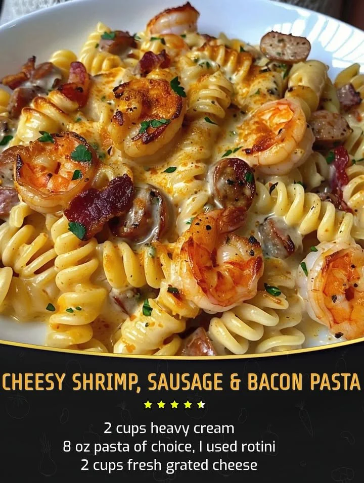 Cheesy Shrimp, Sausage & Bacon Pasta Cheesy shrimp pasta with sausage and bacon served on a plate