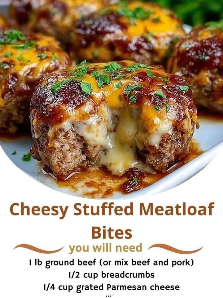 Cheesy Stuffed Meatloaf Bites Cheesy stuffed meatloaf bites served on a plate
