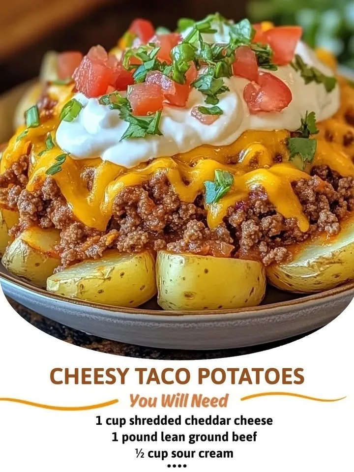Deliciously cheesy taco potatoes topped with flavorful ingredients.