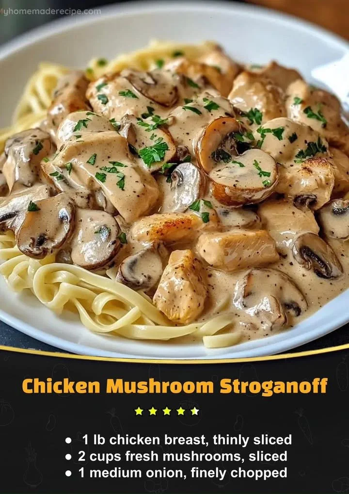 Delicious Chicken Mushroom Stroganoff served with noodles