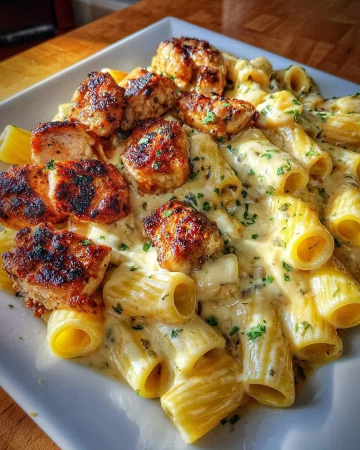 Chicken Rigatoni with Four-Cheese Garlic Sauce Plate of Chicken Rigatoni with Four-Cheese Garlic Sauce topped with herbs