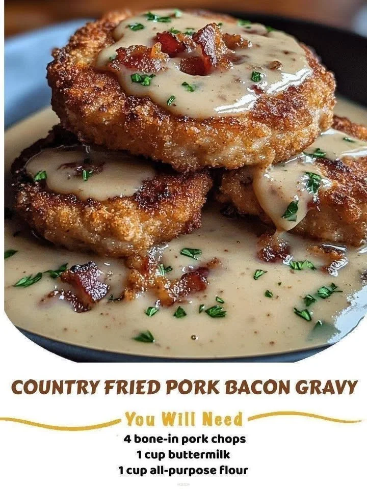 Country fried pork chops served with delicious bacon gravy