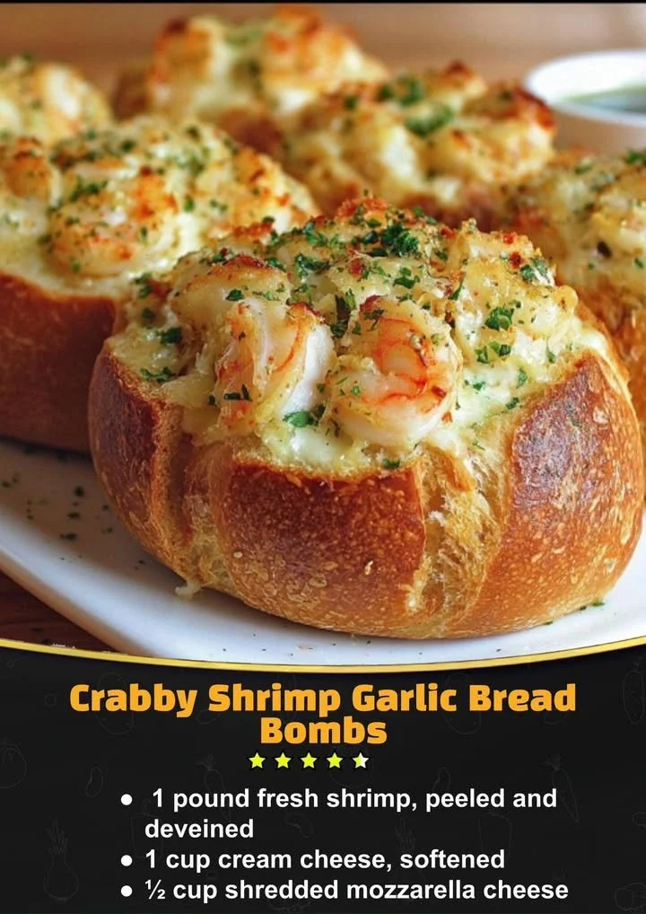 Crabby Shrimp Garlic Bread Bombs ready to serve, topped with herbs and shrimp.