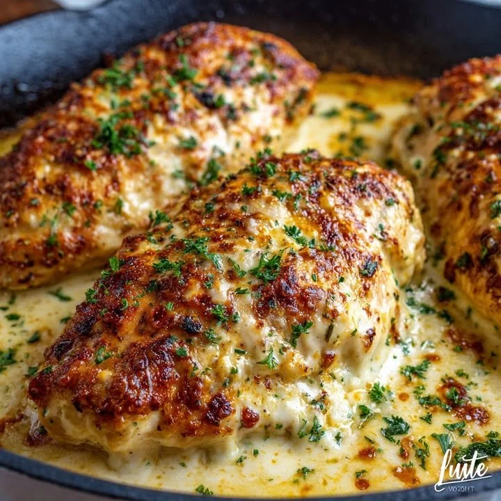 Creamy baked chicken dish with herbs and spices, served on a plate.